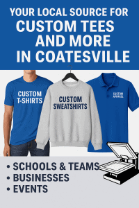 image with custom apparel and words that show where to buy custom t-shirts and and more in coatesville