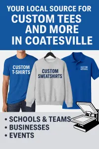 image with custom apparel and words that show where to buy custom t-shirts and and more in coatesville