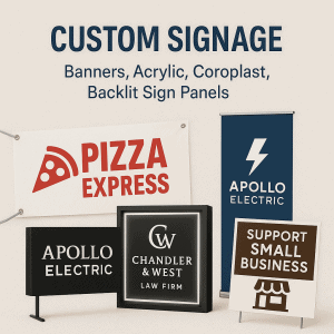 Custom signage graphic showing collection fo custom signs including banners, acrylic, coroplast.