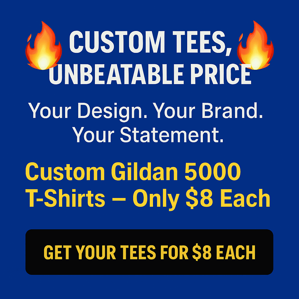 Custom Gildan 5000 T-shirts offer Graphic in written text.