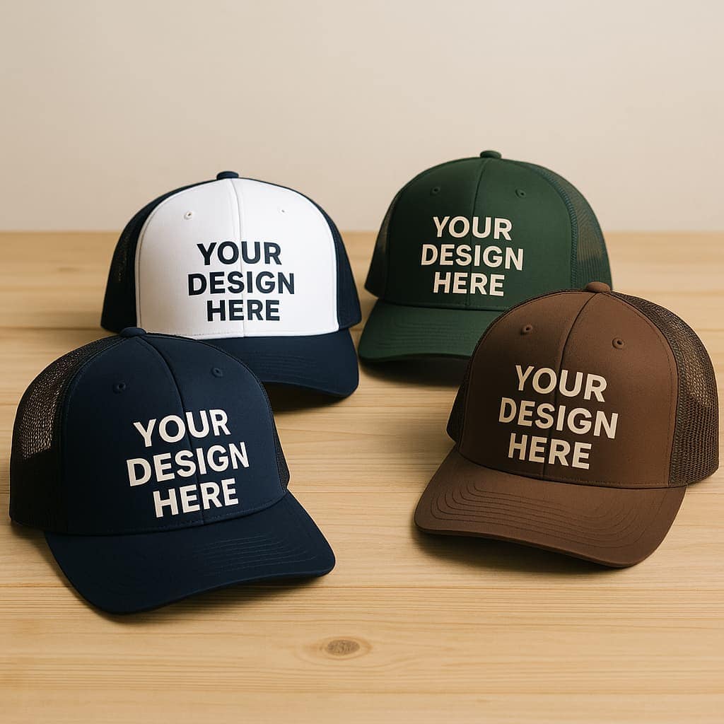 Custom trucker hats with foam front panels and mesh backs in navy, white, green, and brown, featuring blank space for personalized designs
