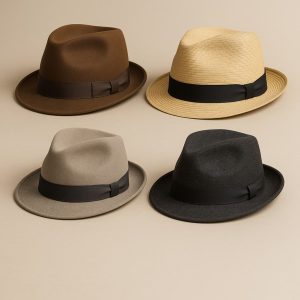Collage of fedora hats including wool, felt, and straw fedoras in various colors for men and women.
