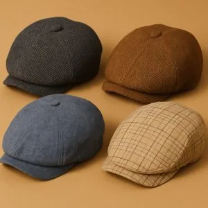 Collage of flat caps and newsboy caps in tweed, wool, and modern fabric styles in gray, brown, blue, and beige patterns.