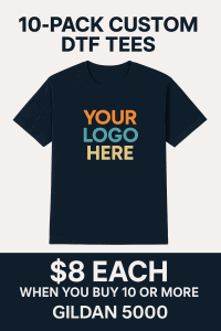A promotional graphic with t-shirt for Custom DTF PRinting Services