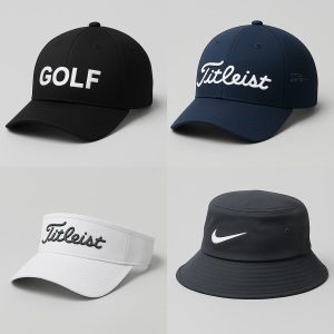 Collage of golf hats including classic golf caps, wide-brim golf hats, and visors for men and women in various colors.