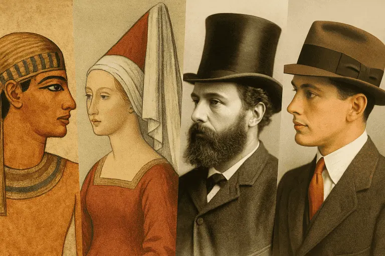Collage showing history of hats from ancient Egyptian headdress, medieval peasant hat, 1800s top hat, to 1900s fedora and baseball cap