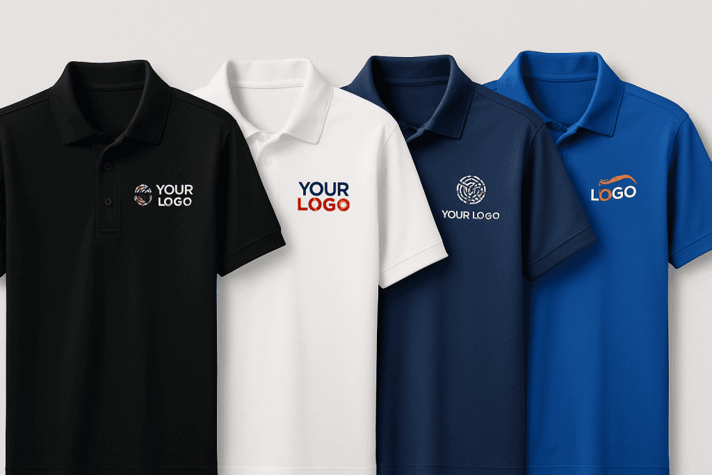 infographic for order custom polo shirts showing 4 custom polo with logo on left chest