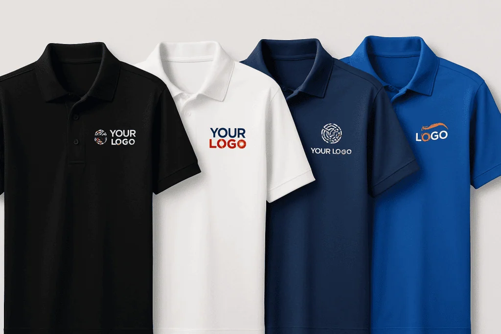 infographic for order custom polo shirts showing 4 custom polo with logo on left chest
