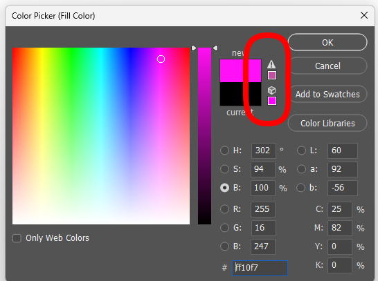 image showing color picker with out of gamut color warning for DTF problems.