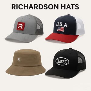 Collage of Richardson hats including the Richardson 112 trucker cap, Richardson 115 low-profile cap, bucket hat, and classic embroidered styles.