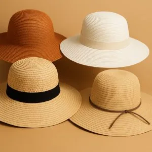 Collage of sun hats and wide-brim hats including straw and cotton designs in natural and neutral colors for men and women.