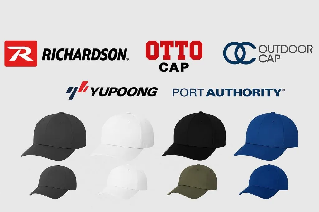Collage of top hat brands logos including Richardson, Yupoong, OTTO Cap, Outdoor Cap, and Port Authority with matching caps.