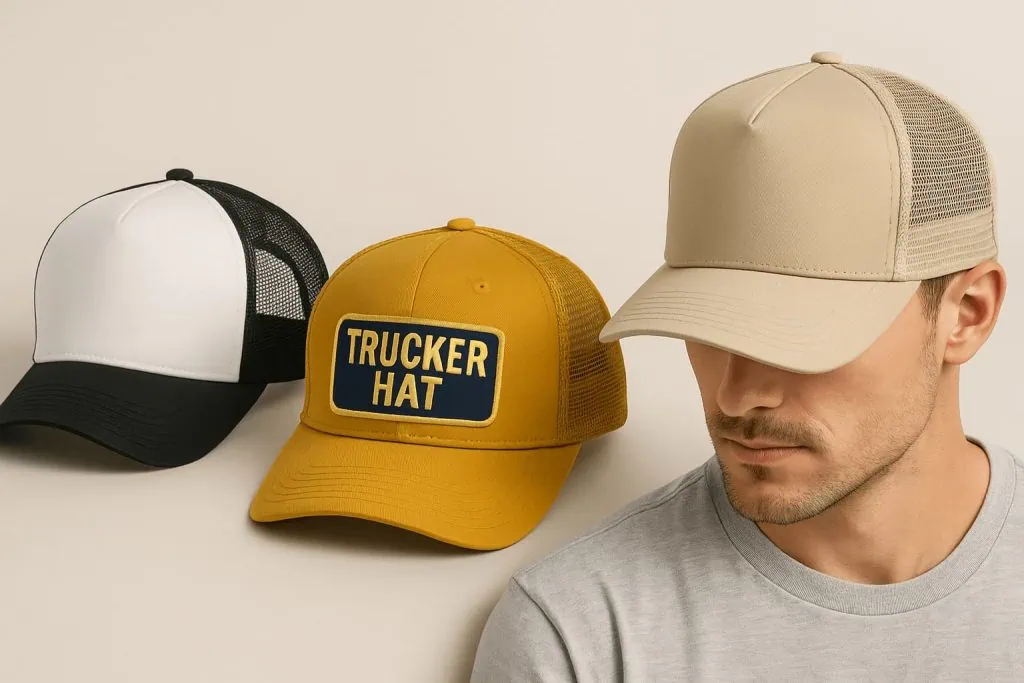 Collage of trucker hats showing foam front panels, mesh backs, snapback closures, and modern Richardson trucker hat styles.