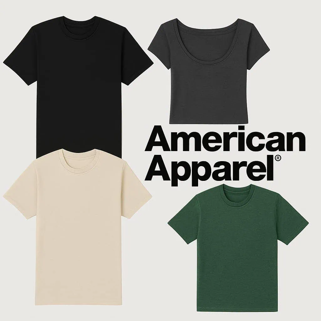 Collection of American Apparel t-shirts in black, gray crop top, beige, and green displayed with the American Apparel logo, showcasing fashion-forward styles.