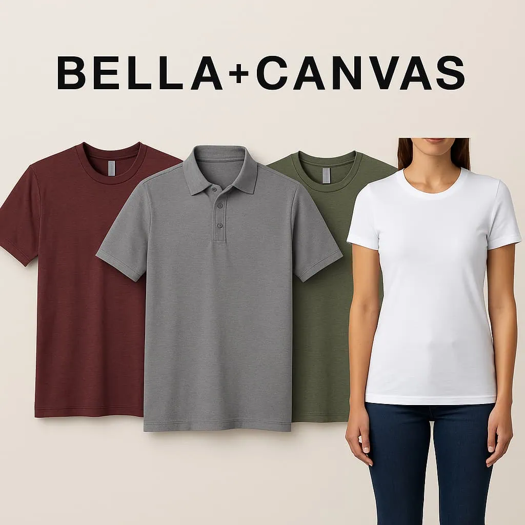 Collection of Bella+Canvas t-shirts including crew neck, slim-fit, and v-neck styles in white, gray, maroon, and green, displayed with the Bella+Canvas logo above.