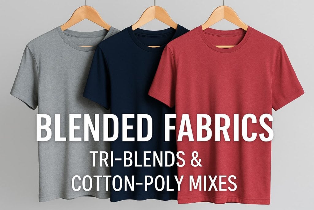 Collage of blended fabric t-shirts in heather gray, navy, and red on wooden hangers with text 'Blended Fabrics Tri-Blends & Cotton-Poly Mixes,' showcasing premium soft fabric styles.