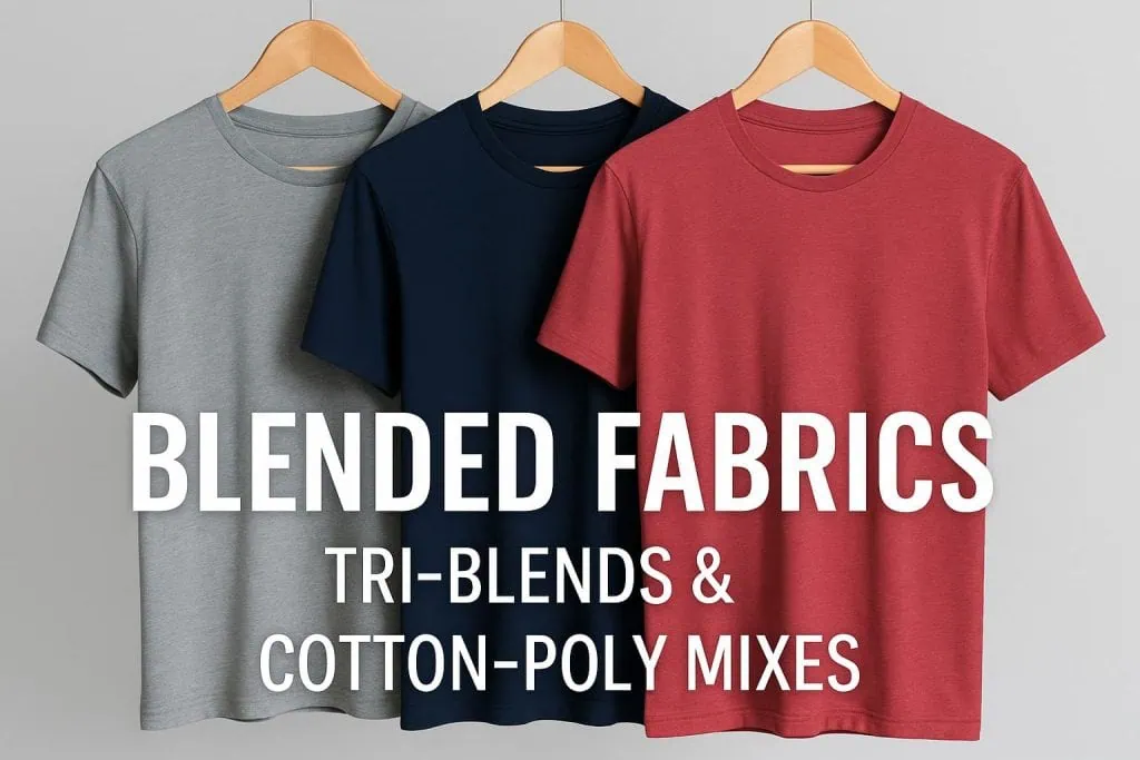 Collage of blended fabric t-shirts in heather gray, navy, and red on wooden hangers with text 'Blended Fabrics Tri-Blends & Cotton-Poly Mixes,' showcasing premium soft fabric styles.