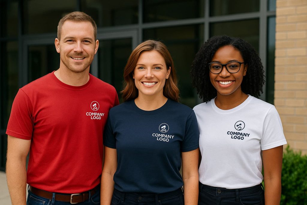 Team of professionals posing in front of an office building wearing matching slim-fit crew neck business casual t-shirts with company logos on the chest, showcasing corporate branding.