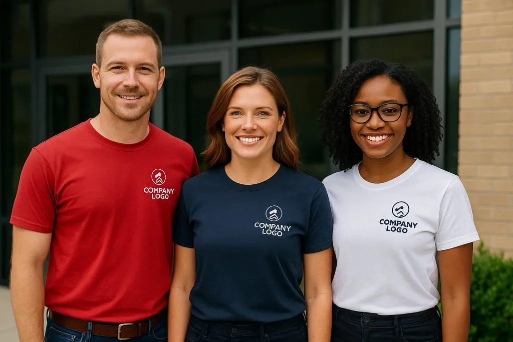 Team of professionals posing in front of an office building wearing matching slim-fit crew neck business casual t-shirts with company logos on the chest, showcasing corporate branding.