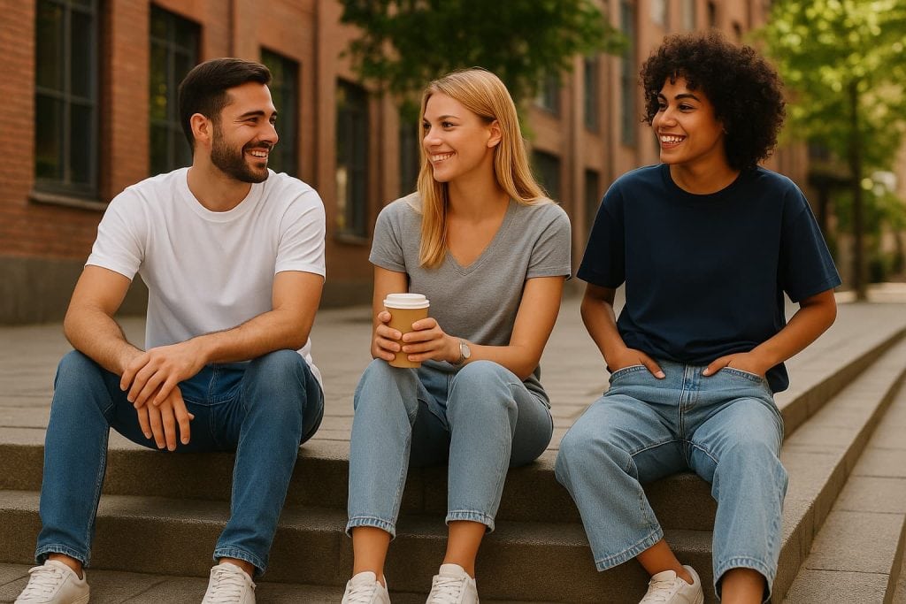 Three young adults wearing casual everyday t-shirts in white, gray, and navy while sitting outdoors, showcasing relaxed and versatile style.