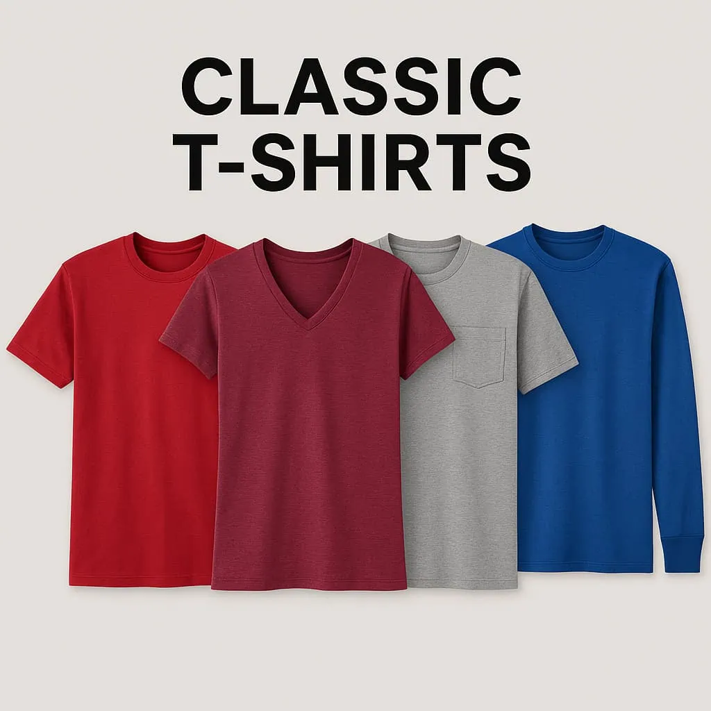 Promotional image displaying four classic t-shirts in red, burgundy, gray, and blue styles, representing versatile options for custom printing.
