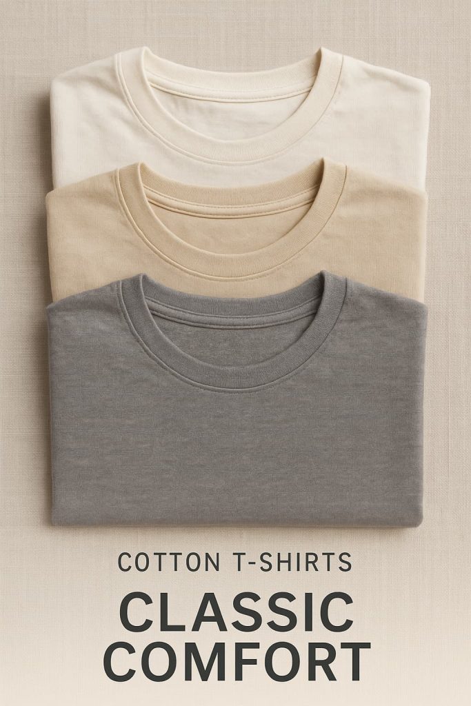 Stack of neatly folded cotton t-shirts in cream, beige, and gray with text 'Cotton T-Shirts Classic Comfort,' highlighting timeless natural fabric styles.