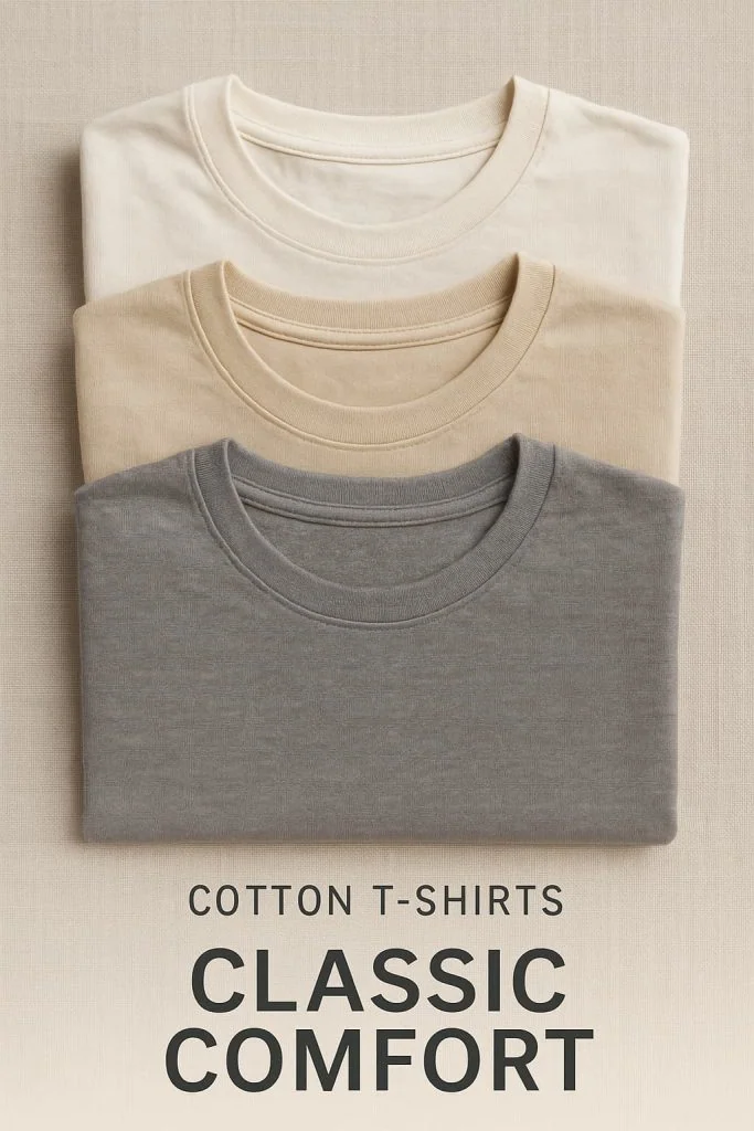 Stack of neatly folded cotton t-shirts in cream, beige, and gray with text 'Cotton T-Shirts Classic Comfort,' highlighting timeless natural fabric styles.