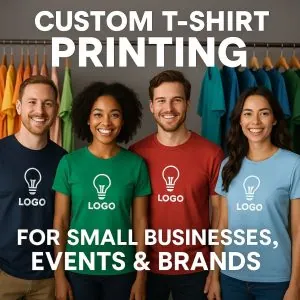 Promotional image of custom t-shirt printing for small businesses, events, and brands, showing people wearing printed shirts with logos and designs in a professional setting.
