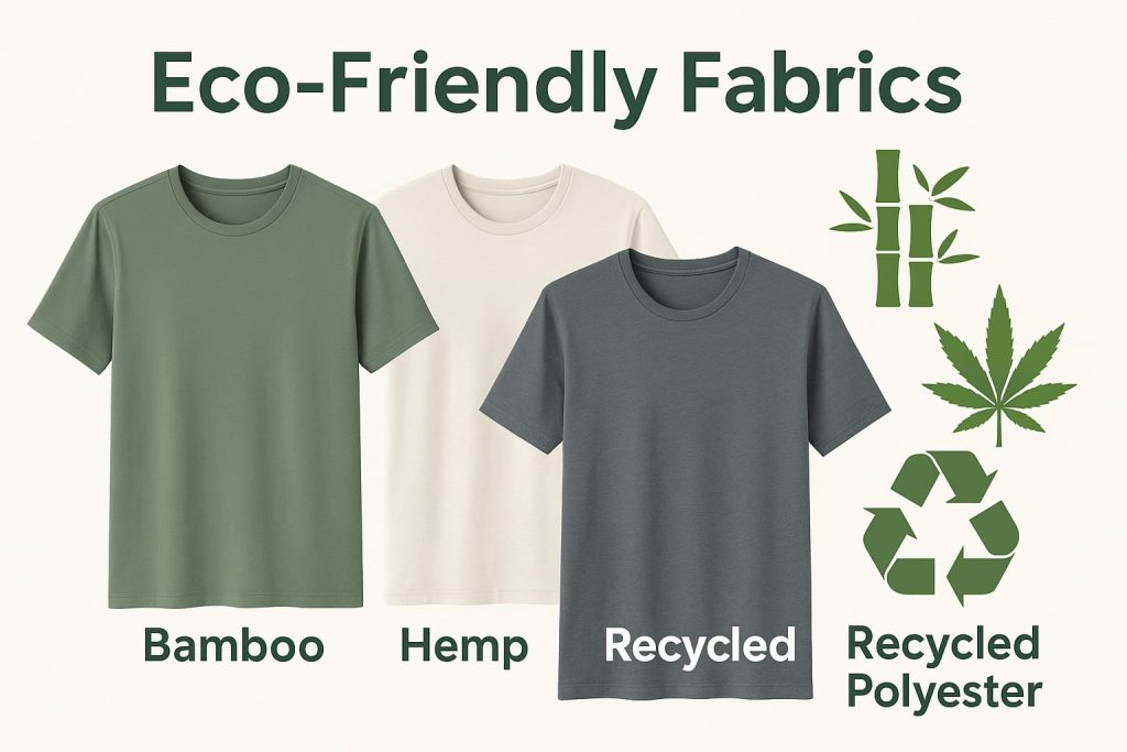 Collage of eco-friendly fabric t-shirts in bamboo green, hemp beige, and recycled polyester gray with icons for bamboo, hemp, and recycling, showcasing sustainable options.
