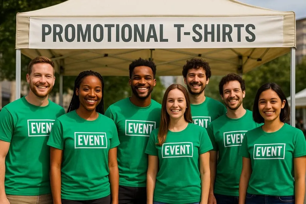 Group of six diverse young adults wearing matching green promotional event t-shirts with printed 'EVENT' logos, standing together at an outdoor community event.