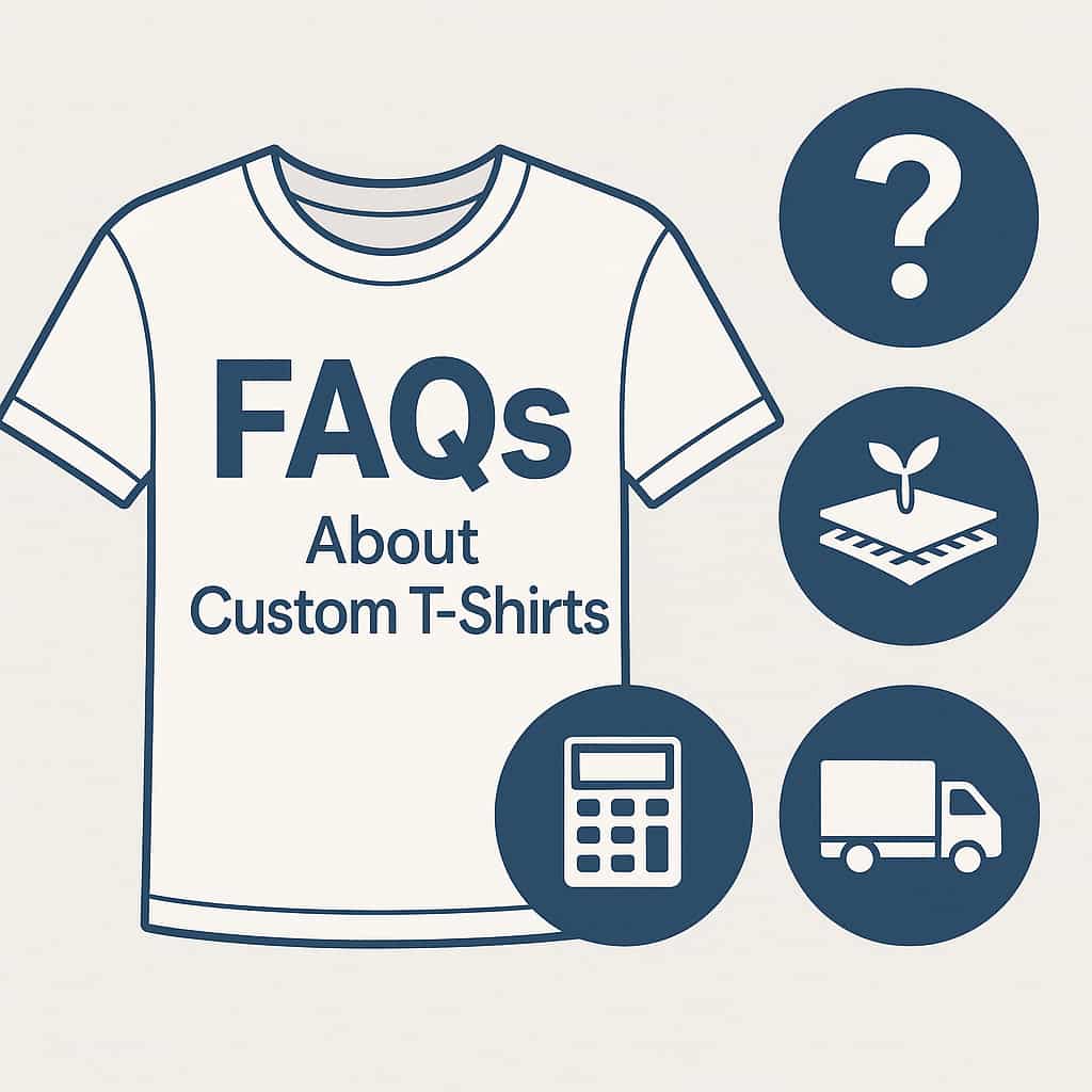 Illustration of a white t-shirt labeled FAQs About Custom T-Shirts surrounded by icons for questions, fabric, pricing, and delivery