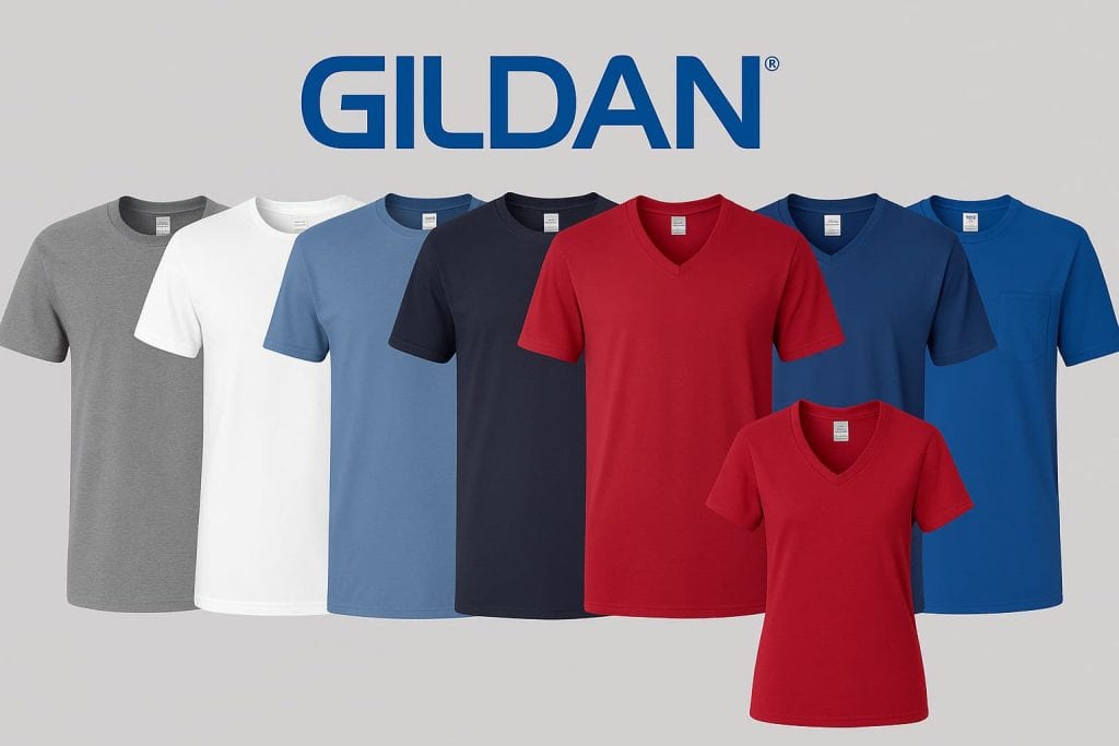 Collection of Gildan t-shirts in gray, white, blue, navy, red, and royal blue displayed with the Gildan logo, showcasing affordable bulk styles.