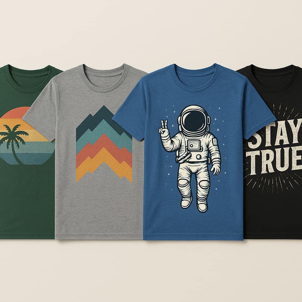 Collage of graphic t-shirts featuring designs including a retro sunset, abstract mountains, astronaut illustration, and slogan 'Stay True,' showcasing customization and style options.