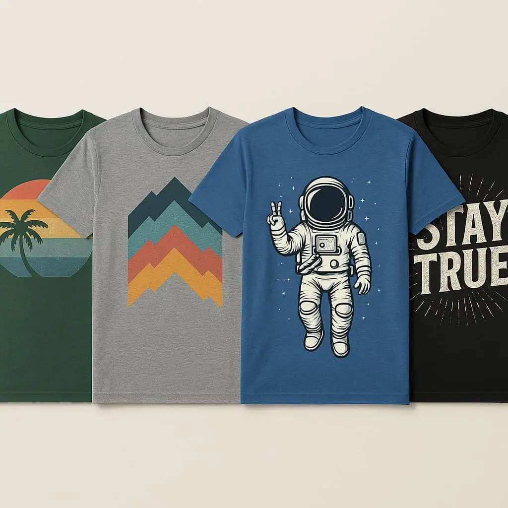 Collage of graphic t-shirts featuring designs including a retro sunset, abstract mountains, astronaut illustration, and slogan 'Stay True,' showcasing customization and style options.