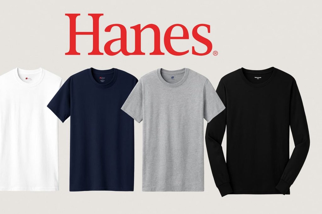 Collection of Hanes t-shirts in white, navy, gray, and black with the Hanes logo above, showcasing classic affordable everyday basics.
