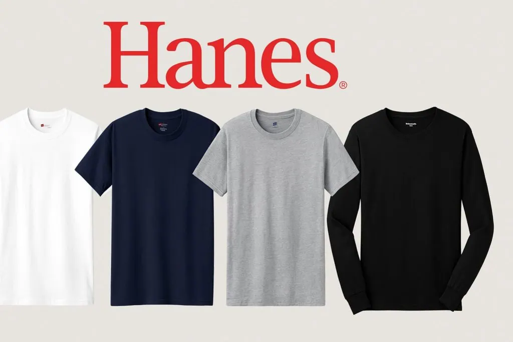 Collection of Hanes t-shirts in white, navy, gray, and black with the Hanes logo above, showcasing classic affordable everyday basics.