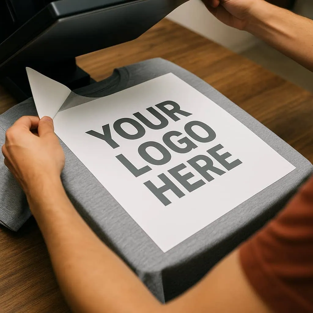 Heat transfer printing process with a heat press machine applying a large 'Your Logo Here' design onto a gray t-shirt, demonstrating custom shirt personalization.