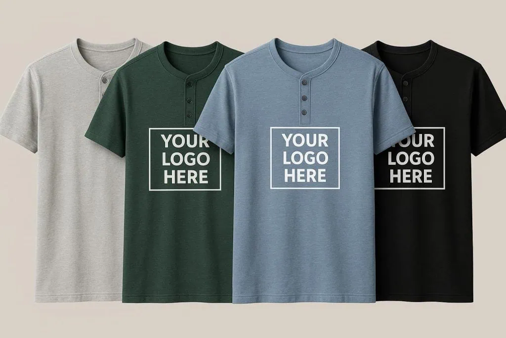 Collage of customizable Henley t-shirts in gray, green, blue, and black with button plackets and 'Your Logo Here' text overlay for custom printing.