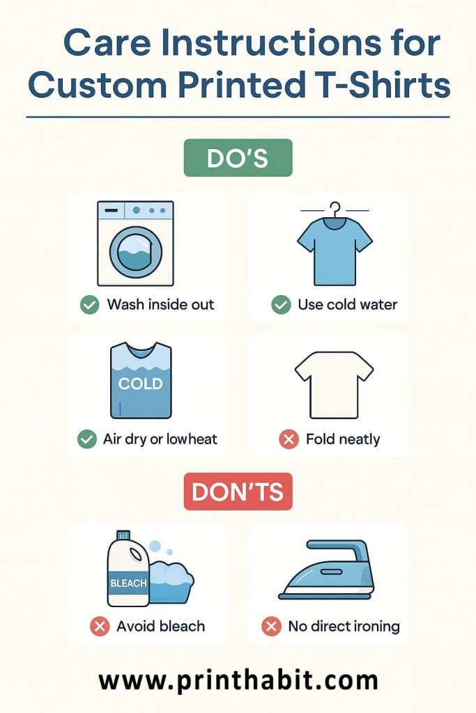 Infographic care instructions for custom printed t-shirts showing do’s like wash inside out, use cold water, air dry or low heat, and fold neatly, plus don’ts like avoid bleach and no direct ironing.
