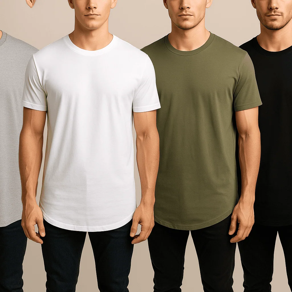 Collage of longline t-shirts in gray, white, olive, and black worn by male models, showcasing extended length streetwear style.