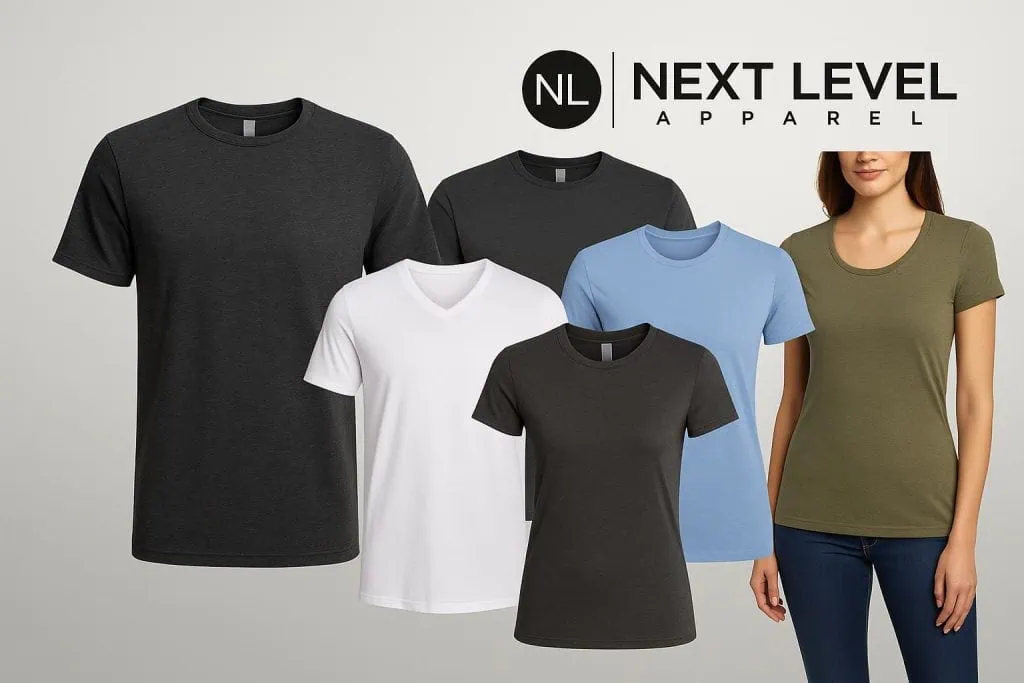 Collection of Next Level Apparel t-shirts including crew neck, v-neck, and slim-fit styles in black, white, blue, olive, and gray, displayed with the Next Level logo.
