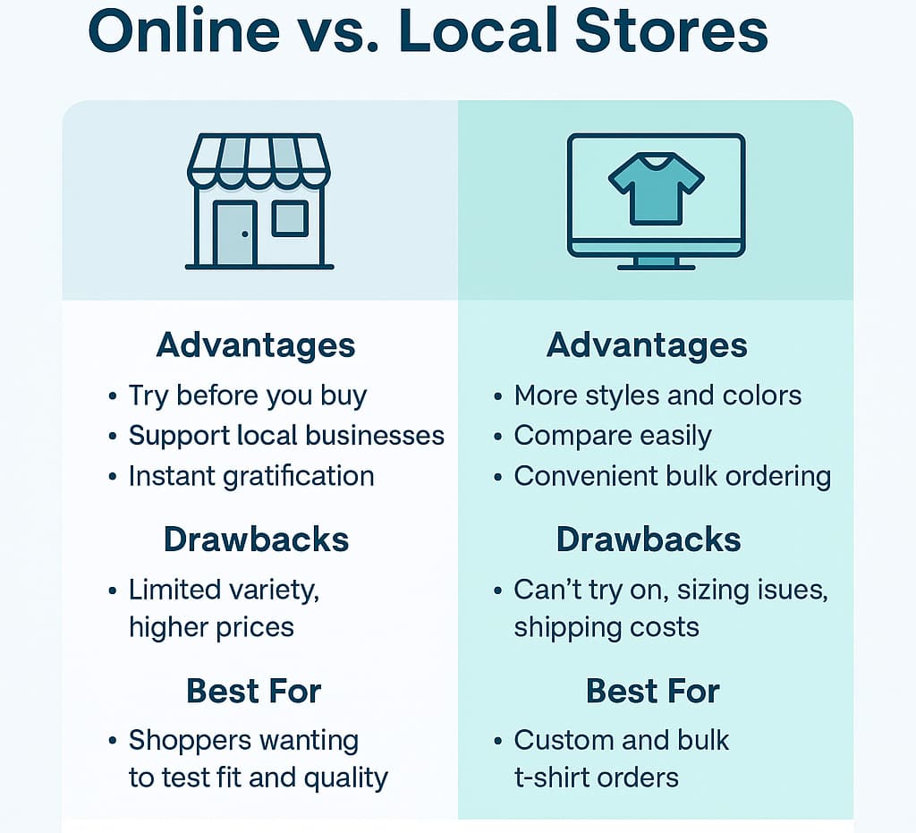 Infographic comparing buying t-shirts online vs local stores, showing advantages, drawbacks, and best use cases for shoppers