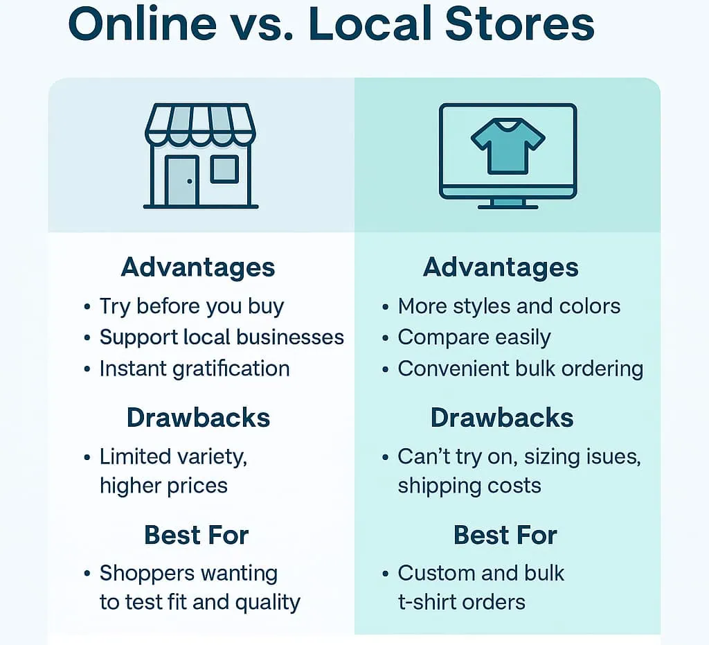 Infographic comparing buying t-shirts online vs local stores, showing advantages, drawbacks, and best use cases for shoppers