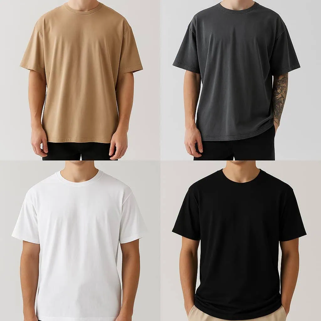 Collage of oversized and relaxed fit t-shirts in tan, dark gray, white, and black, modeled to highlight baggy streetwear style.