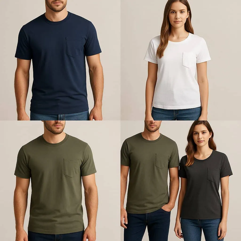 Collage of men and women wearing pocket t-shirts in navy, white, olive, and charcoal gray, showcasing unisex minimalist styles with chest pockets.