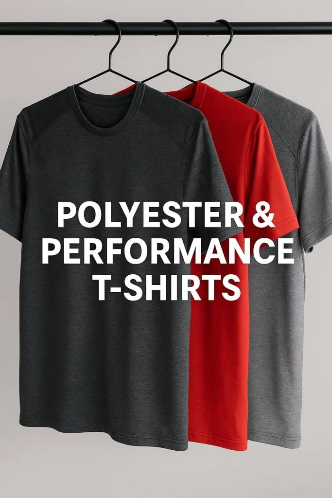Polyester performance t-shirts in black, red, and gray hanging on hangers with bold text overlay 'Polyester & Performance T-Shirts,' highlighting athletic moisture-wicking fabric.