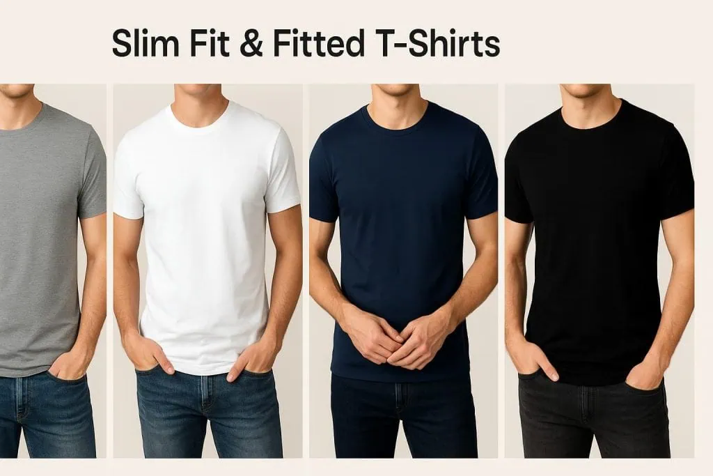 Collage of slim fit and fitted t-shirts in gray, white, navy, and black worn by models, showcasing modern sleek styles for men.
