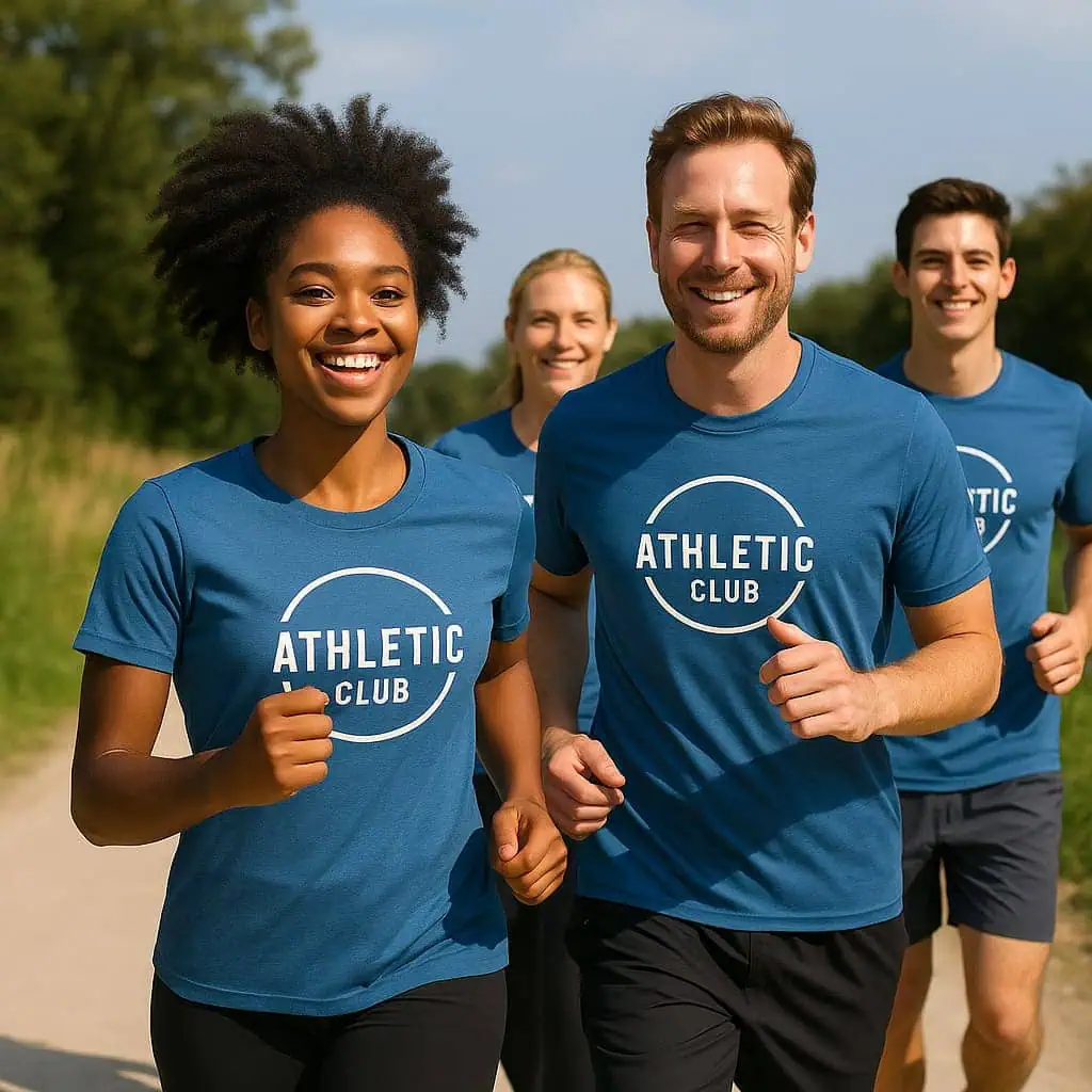 Group of athletes jogging outdoors wearing blue polyester performance t-shirts with athletic club logos, showcasing moisture-wicking activewear.