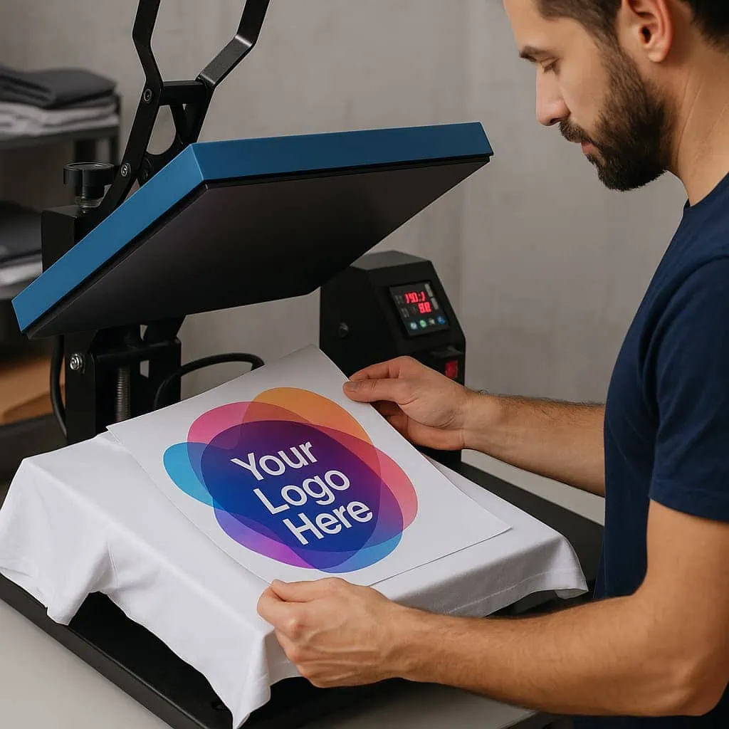 Sublimation printing process with a heat press transferring a vibrant full-color abstract design reading 'Your Logo Here' onto a white polyester t-shirt.
