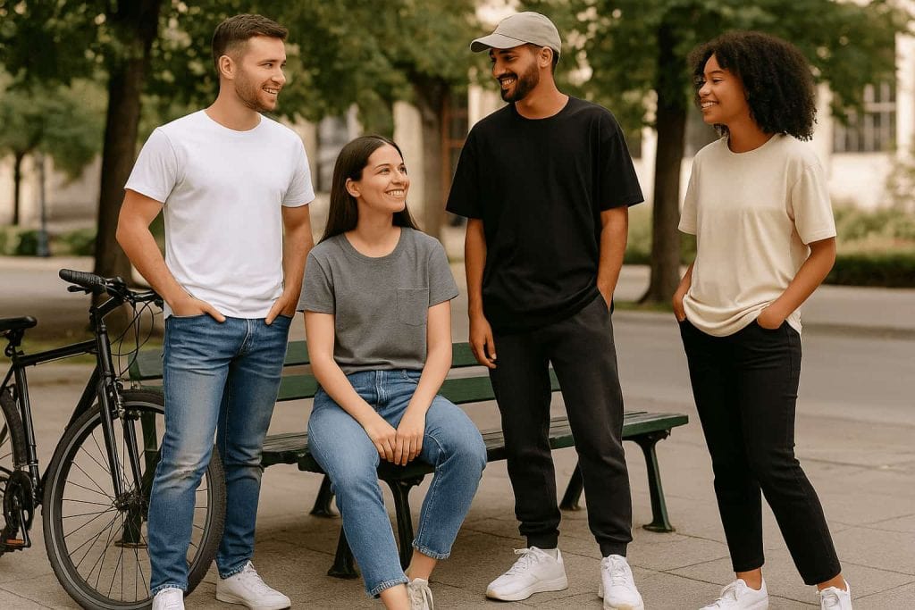 Group of young adults wearing casual everyday t-shirt outfits — crew neck, oversized tee, and pocket tee — styled with jeans, joggers, and sneakers, showcasing comfortable casual t-shirt fashion in 2025.